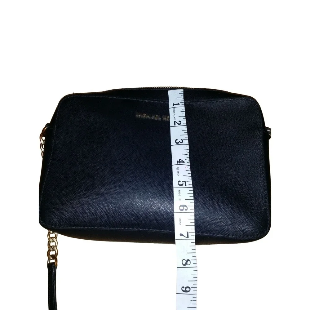 Michael Kors Jet Set Black Saffiano Leather Crossbody Bag Gold Chain Strap Purse